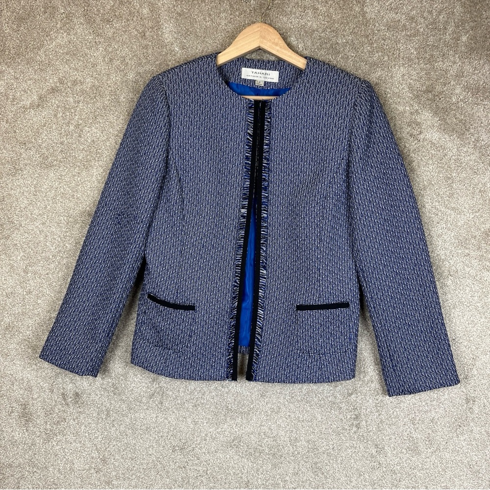 Tahari ASL Blue Tweed Collarless Blazer